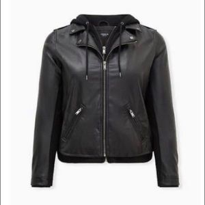 Black Mixed Media Hooded Moto Jacket